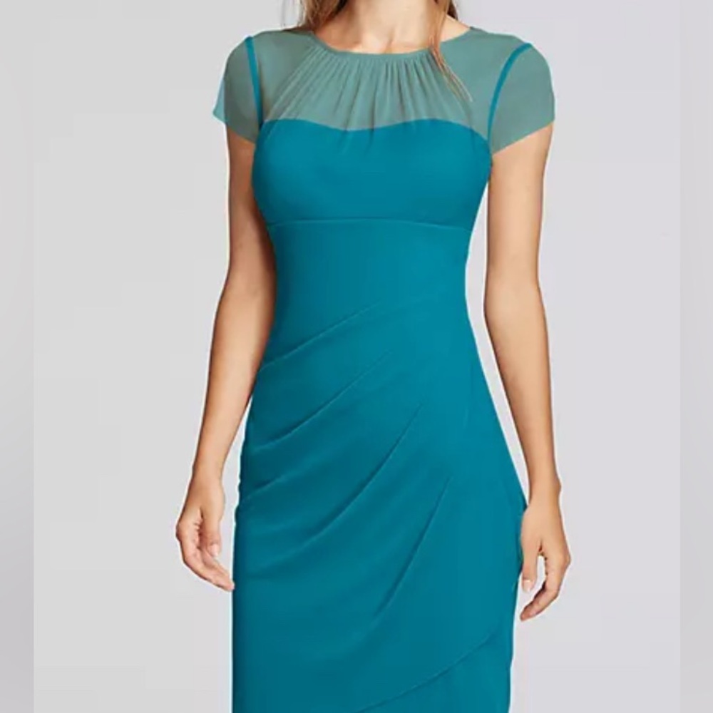Tadashi Shoji Illusion Mesh Cocktail Dress – Size L – Teal Blue